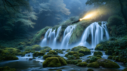Mystical waterfall cascade at twilight, illuminated by a light beam, lush green moss.  Nature photography for websites