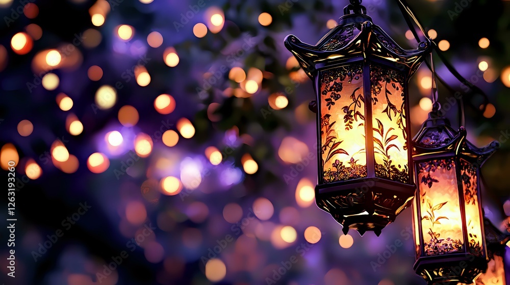 Poster glowing oriental lanterns with ornate patterns against blurred bokeh lights background create magica