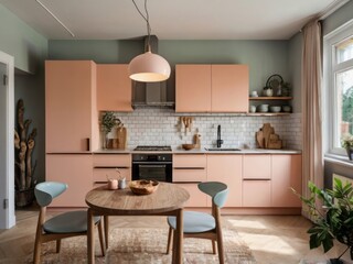 Fototapeta premium Modern Peach Kitchen With Wooden Table And Chairs