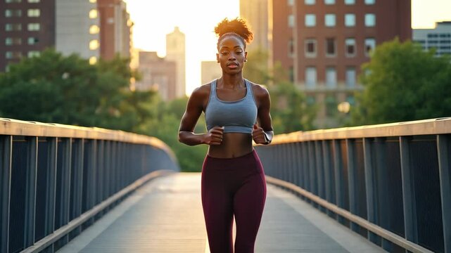 Urban Runner: A Woman Jogging on a City Bridge at Sunset