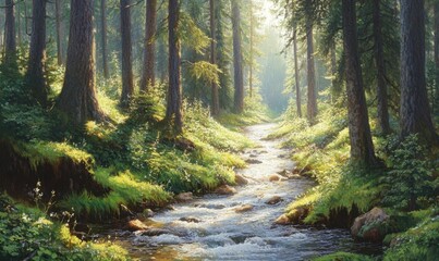 Obraz premium Sunlit stream flows through lush forest; serene nature scene for relaxation or travel brochures