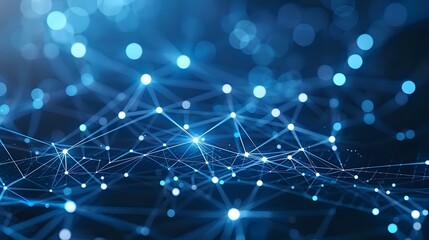 Fototapeta premium Glowing blue network connections with bokeh light effects on dark background, representing digital technology, artificial intelligence and data transfer.