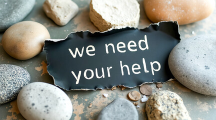 torn paper message: we need your help surrounded by stones