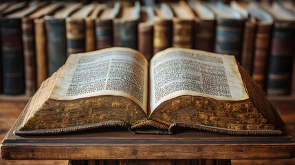Open antique book on wooden lectern, library background; education, history