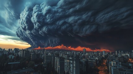 Fototapeta premium Volcanic ash clouds dispersing over a city skyline, their dark and foreboding presence accentuating the scene,