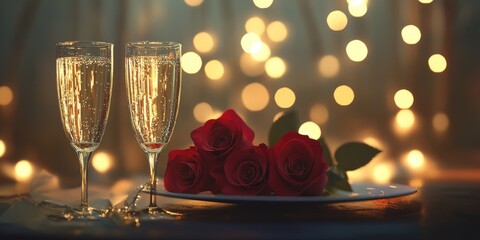 Two elegant champagne glasses and red roses on a candlelit dinner table, exuding romance and sophistication