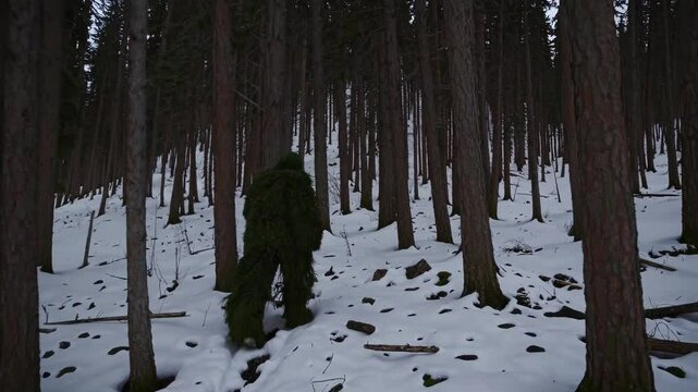 A person in a ghillie suit walks across a snowy landscape. The wide-angle shot captures the vastness of the mountains. Perfect for a nature video.