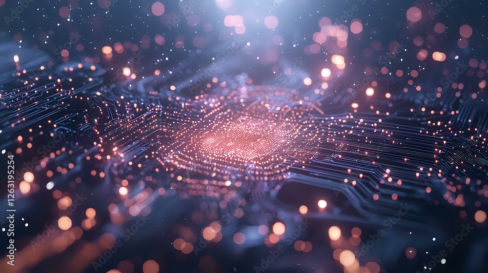 Poster abstract technology background with glowing circuit pattern and bokeh lights in coral pink and navy 