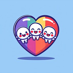 Fototapeta premium A colorful heart with three cheerful, cartoonish characters, symbolizing love and unity, set against a light blue background.