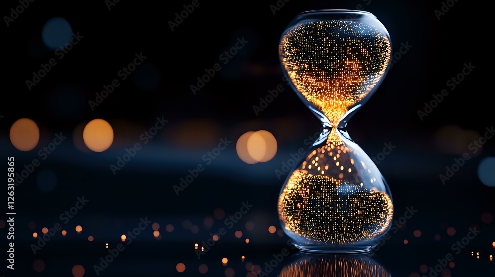 Poster glowing particles flow through hourglass against dark background with bokeh lights, symbolizing time