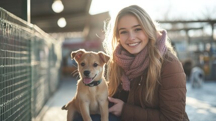 Young woman with puppy at outdoor animal shelter