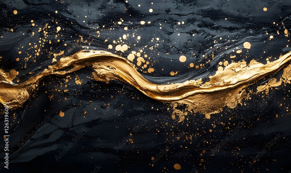 Poster luxurious abstract art with black background and golden waves and splatters design