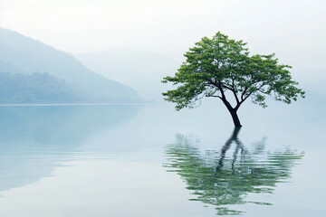 Obraz premium a lone tree is standing in the middle of a lake