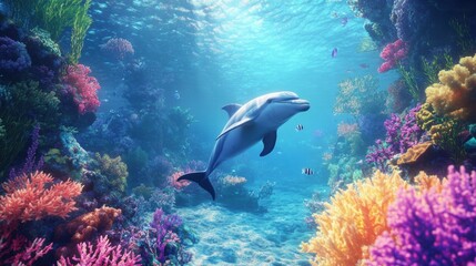 Dolphins Swimming Near a Coral Reef