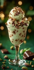 Glass of Pistachio Ice Cream with Chocolate, Rich and Nutty Delight