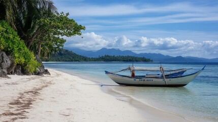 Obraz premium Serene Tropical Beachscape: Boat on Pristine White Sand
