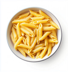 a bowl filled with uncooked penne pasta, ready to be prepared for a delicious Italian dish. The clean, white background 