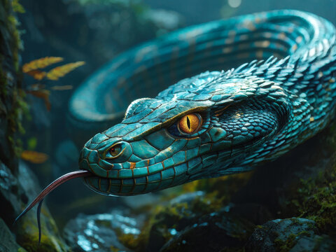 A terrifying basilisk with shimmering blue-green scales and piercing golden eyes lurks in the shadows of a misty jungle. Generative AI