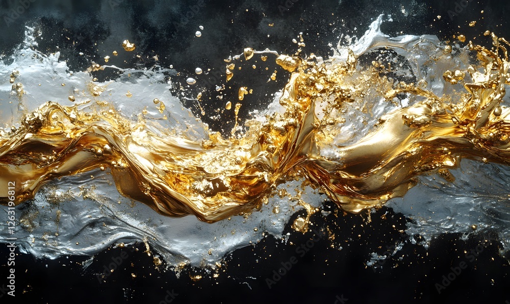 Poster abstract fluid art with golden waves and silver streams on a dark background with small splashes
