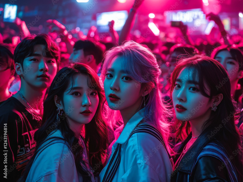 Wall mural A group of stylish K-Pop fans stands in a neon-lit concert crowd, their faces full of excitement and admiration. A dynamic youth scene. Generative AI