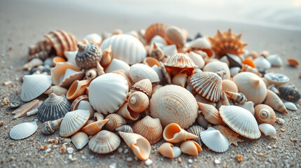 A collection of various sea shells scattered on sandy beach texture  – Generative AI