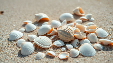 A collection of various sea shells scattered on sandy beach texture – Generative AI