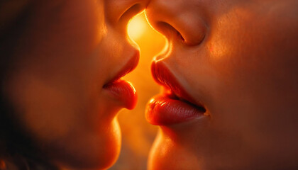 Obraz premium Romantic Close-Up of Two Lovers About to Kiss in Warm Light