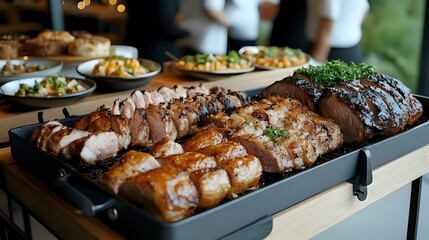 Succulent grilled and roasted meat platter with sliced pork tenderloin and beef roast garnished with fresh herbs, served on dark serving tray at catering event.