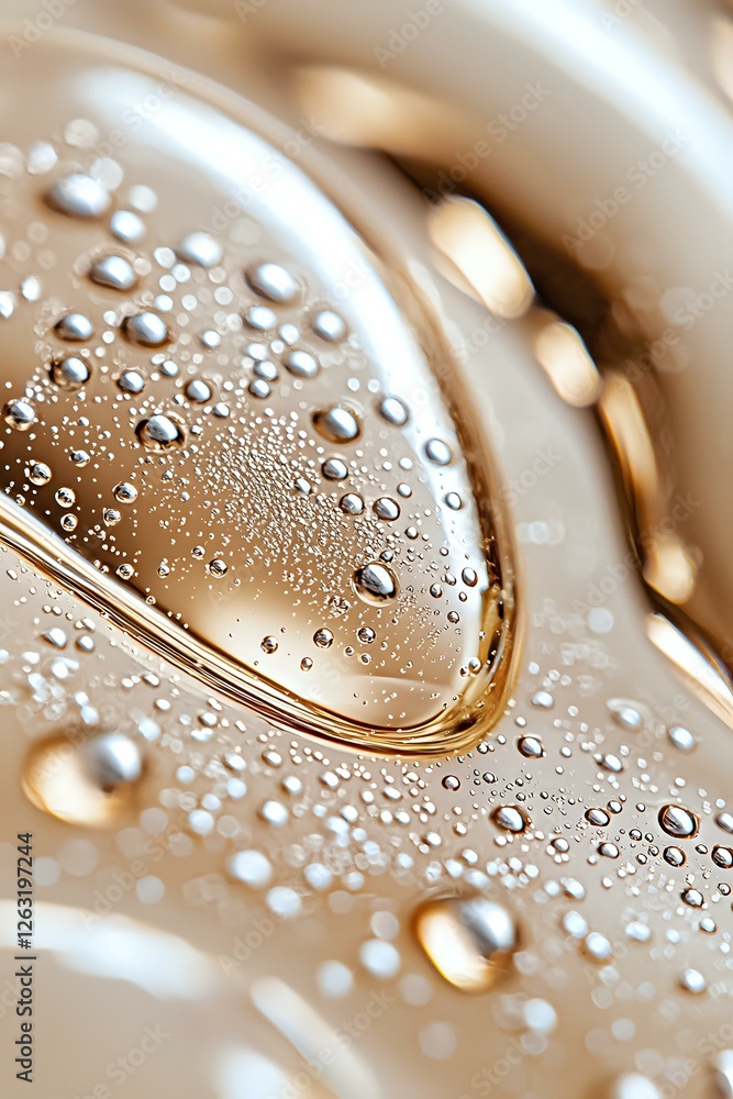 Poster macro shot of water droplets on metallic gold surface creating abstract pattern with light reflectio