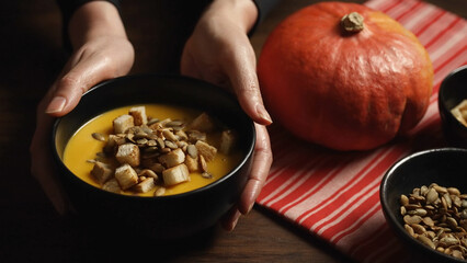 Classic pumpkin soup in a bowl.