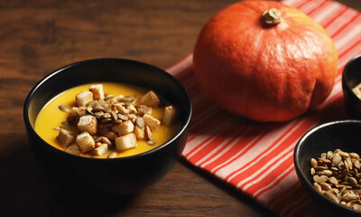 Classic pumpkin soup in a bowl.