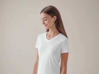 Fototapeta premium V-neck women's t-shirt mockup. A young woman in a white v-neck t-shirt smiles softly, standing against a neutral background.