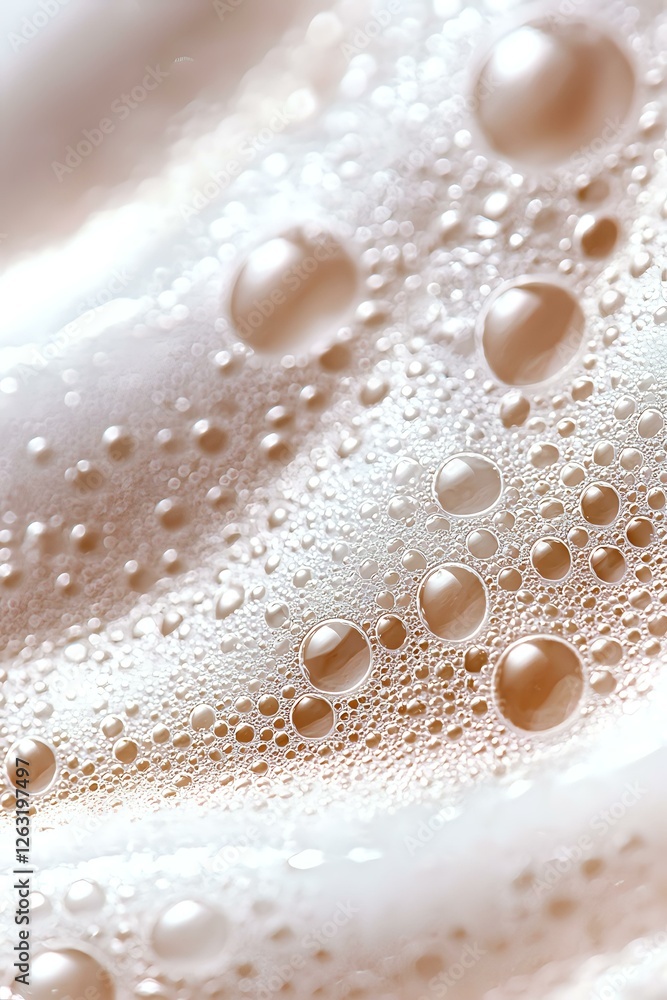 Poster macro shot of delicate foam bubbles in soft beige and white tones creating abstract pattern with lig