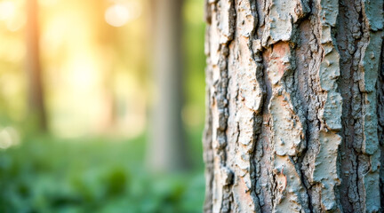 Obraz premium close-up view of tree bark texture in a sunlit forest setting