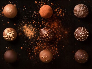 Assorted Gourmet Chocolate Truffles on Black Background with Cocoa Powder