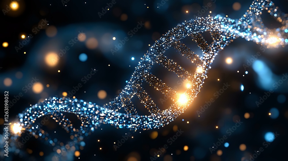 Poster glowing dna strand with sparkling particles on dark background, genetic research concept with lumino