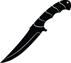 Black Silhouette of a Tactical Combat Knife with Sharp Blade on White Background