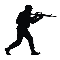 Black Silhouette of an Armed Soldier Holding a Rifle in Combat Stance