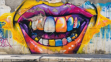 Fototapeta premium Urban Art: A vibrant, bold graffiti mural of a giant, colorful mouth with glittering gold teeth painted on a weathered concrete wall, capturing the raw energy and expression of street art. 