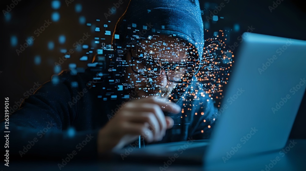 Poster young male programmer in blue hoodie working on laptop at night with glowing digital particle effect