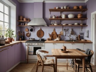 Lavender Kitchen With Wooden Accents And Rustic Decor