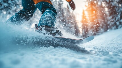 A snowboarder skillfully navigates fresh powder snow on a mountain slope, creating an exhilarating spray of snow while surrounded by trees at sunset.