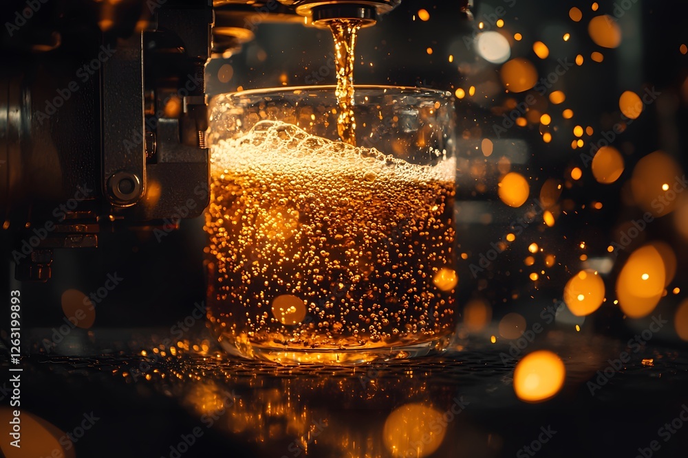 Poster amber elixir: sparkling amber liquid pours into a glass, creating a mesmerizing cascade of bubbles a