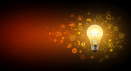 Creative inspiration is illuminated by a lightbulb with a glowing gear, connected to a network against a dark background