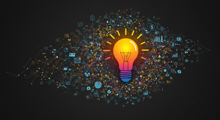 A network of connections illuminates the lightbulb, with its glowing gear, representing creative inspiration