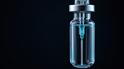 close up of medical vial containing clear liquid, showcasing dropper and sterile environment. This evokes sense of precision and care in healthcare settings