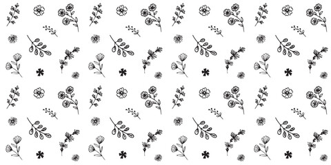 Seamless hand-drawn pattern with flowers and twigs in doodle style on white background. Vintage floral pattern with botanical elements for postcards, wrapping papper, textile. Vector illustration. 