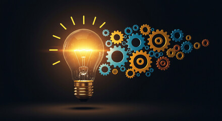 Dark background highlights an illuminated lightbulb with a glowing gear, connected to a network, representing creative inspiration