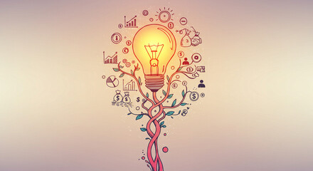 Creative inspiration is symbolized by an illuminated lightbulb with a glowing gear, connected to a network against a dark background