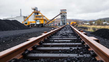 Obraz premium Coal mining conveyor system in industrial setting under gray sky